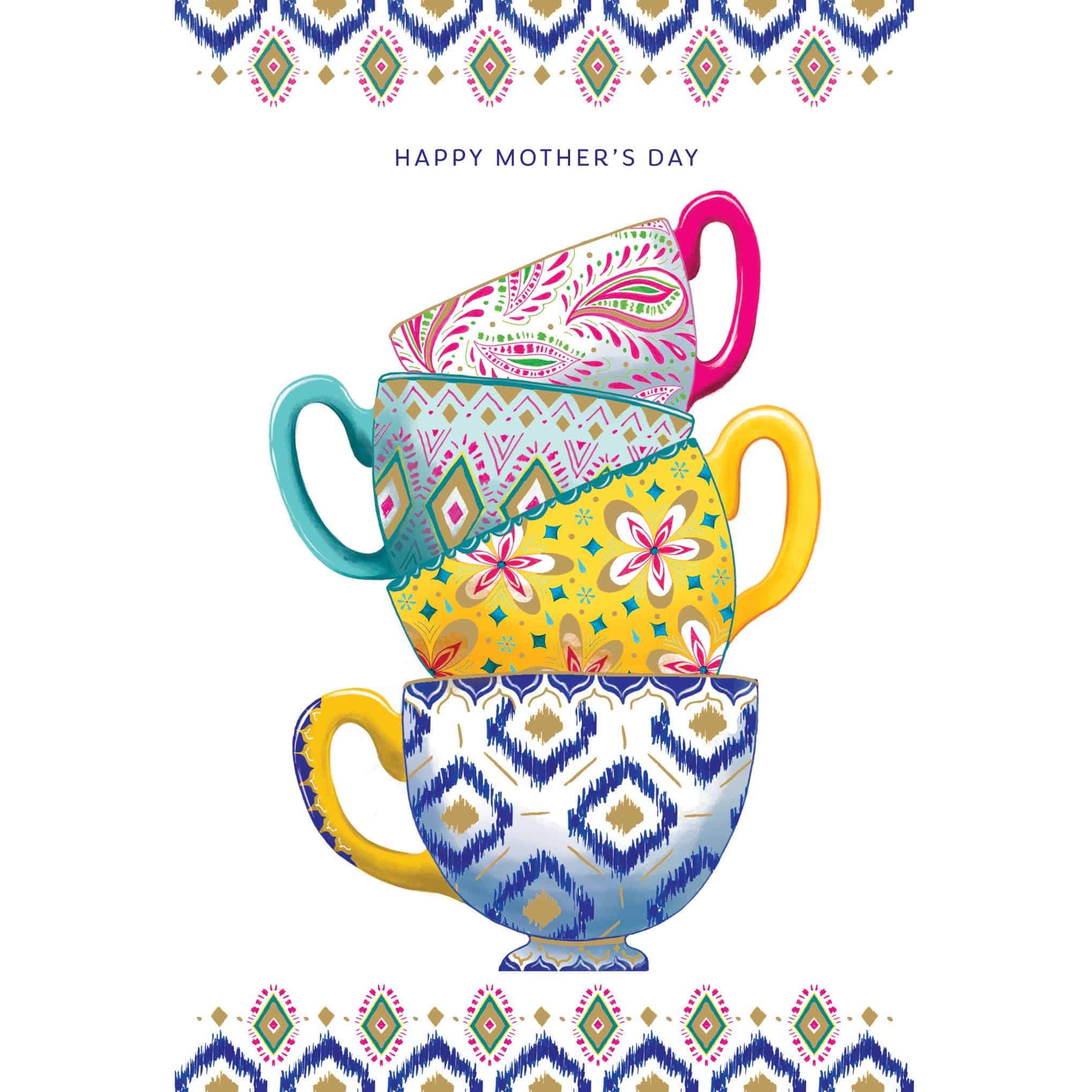 Mother's Day card featuring teacups design by Pictura, with colorful illustrations of teacups on the front.